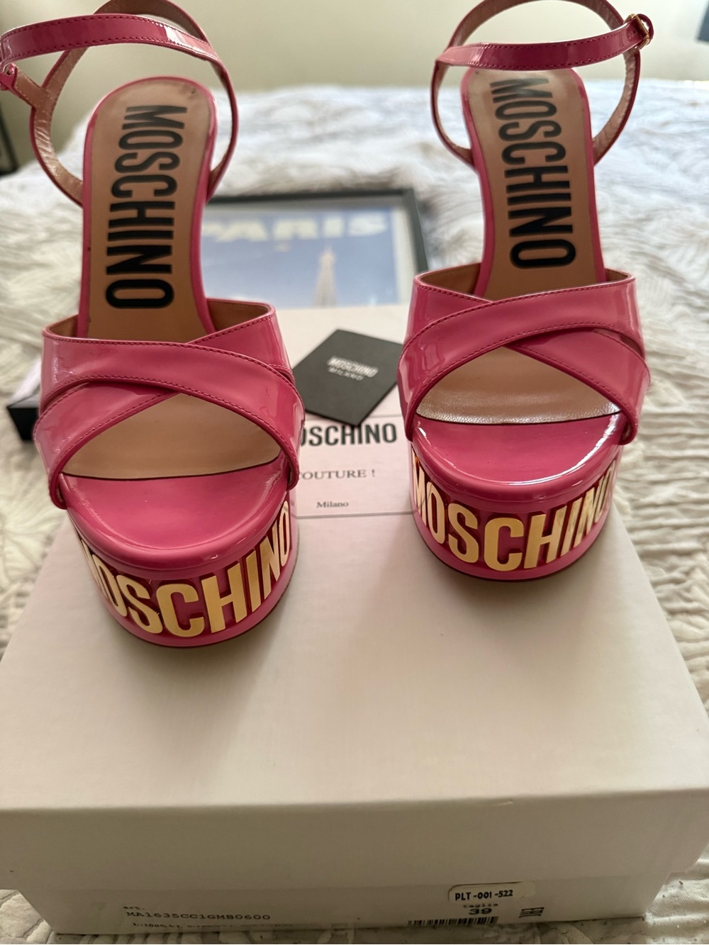 Moschino Pink Patent Logo Platform Sandals